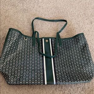 Tory Burch Dark Green and White Patterned Tote